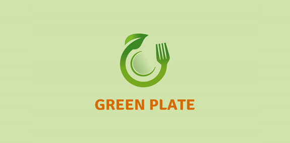 Organic Food. Plate with Leaf. Logo Template